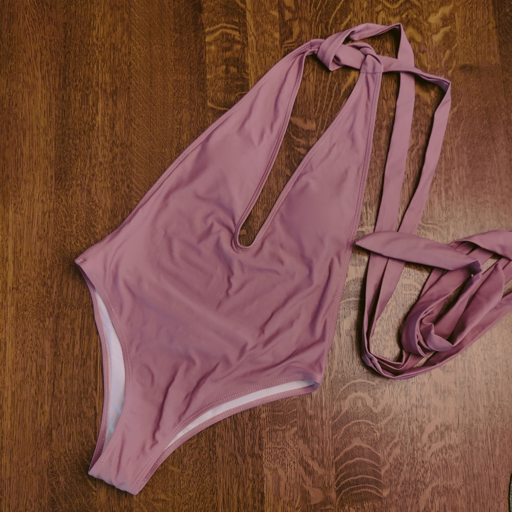 Dusty Pink Halter Wrap Around Straps One-Piece Swimsuit